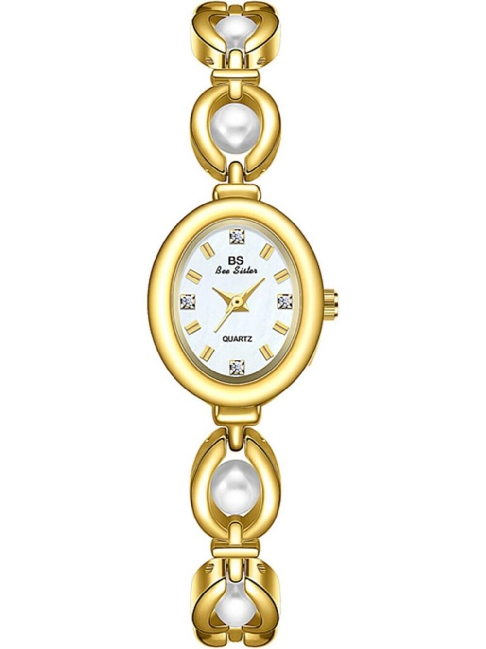 Women's Gold Elegant Pearl Dainty Oval Bracelet Quartz Vintage Dress Wrist Watch